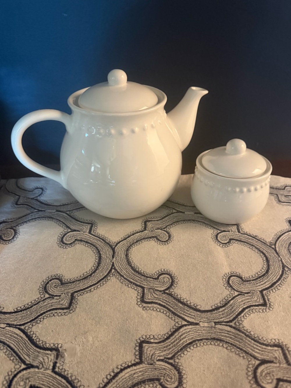 New Pottery Barn Emma Stoneware Teapot and sugar caddy